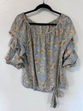 Boho Off Shoulder Floral Blouse Blue Ruffle Sleeve Tie Hem Peasant Top Womens L